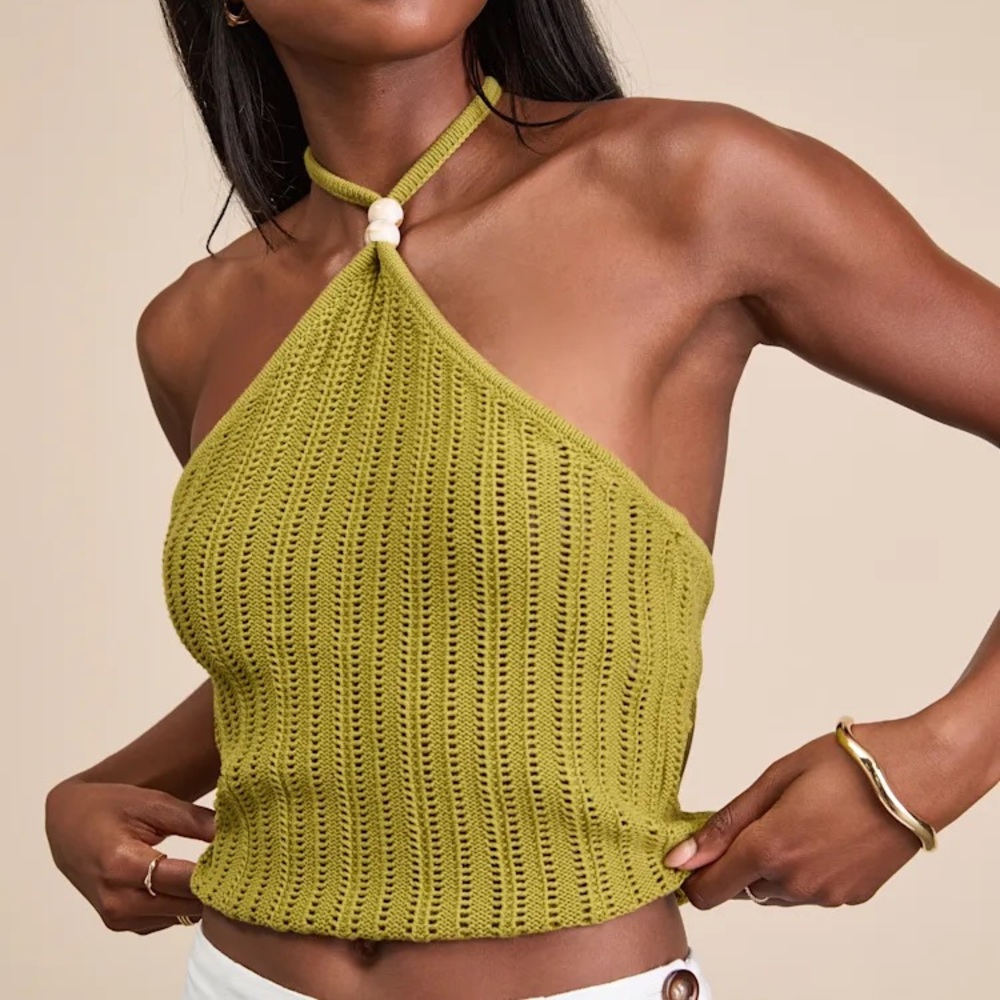 Lulus Serena Olive Green Sweater Knit Halter Cropped Top 💚 Size XS